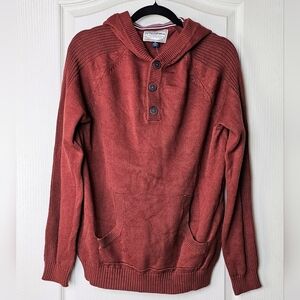 Flag & Anthem Men's Rust Red Knit Hooded Sweater Henley Cotton Pocket SMALL